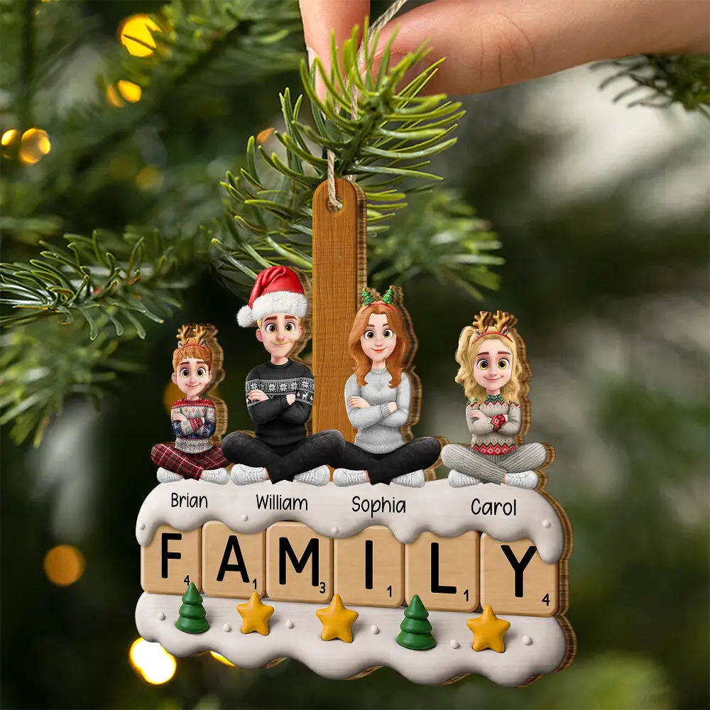 Christmas,Family,Vector,Happy - Christmas Family Sitting Scrabble - Personalized Custom Shaped Wooden Ornament