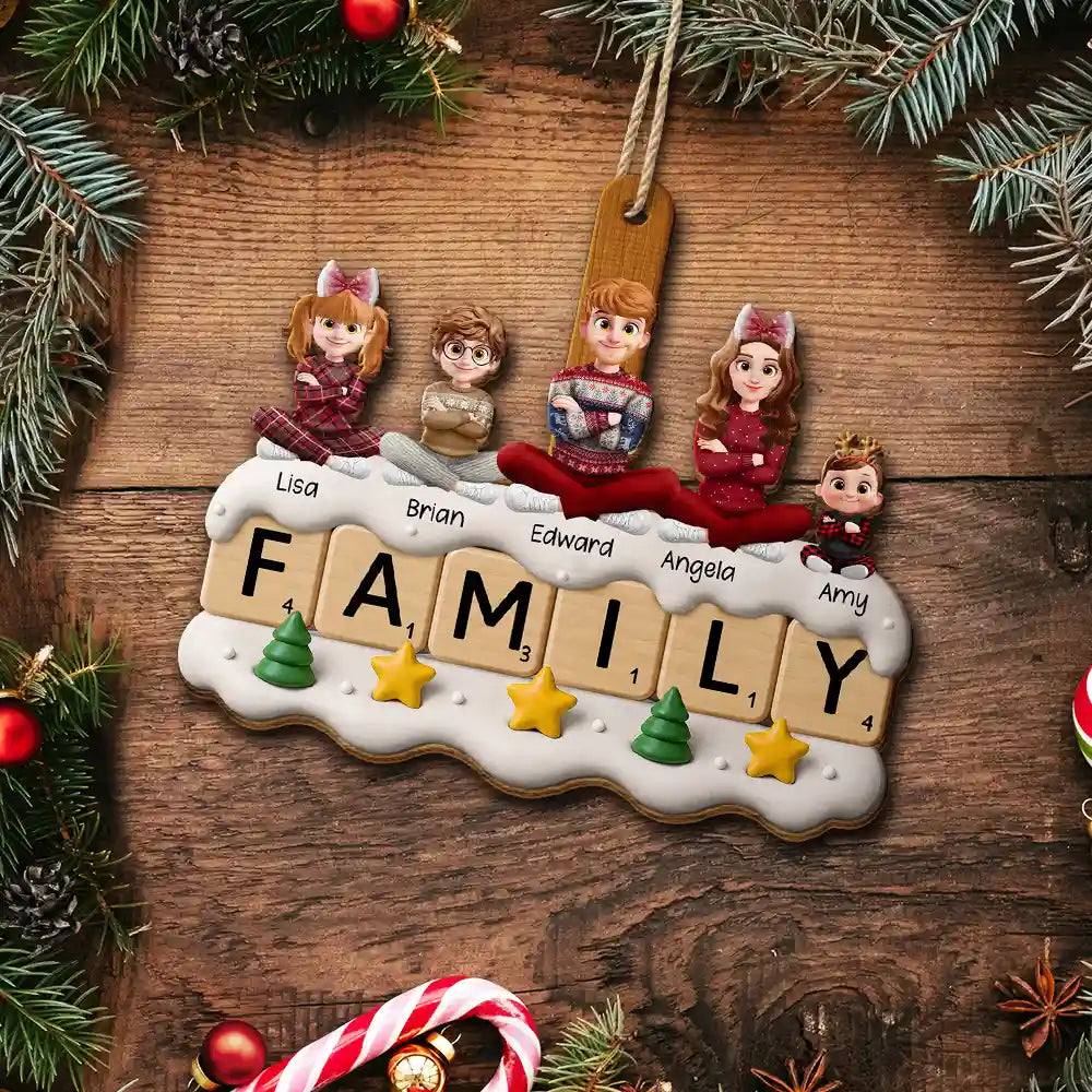 Christmas,Family,Vector,Happy - Christmas Family Sitting Scrabble - Personalized Custom Shaped Wooden Ornament