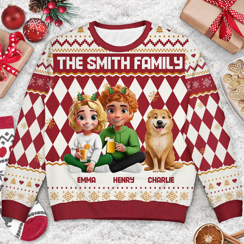 Christmas, Family, Happy - Christmas Family With Kids & Pets Argyle Pattern - Personalized Unisex Ugly Sweater