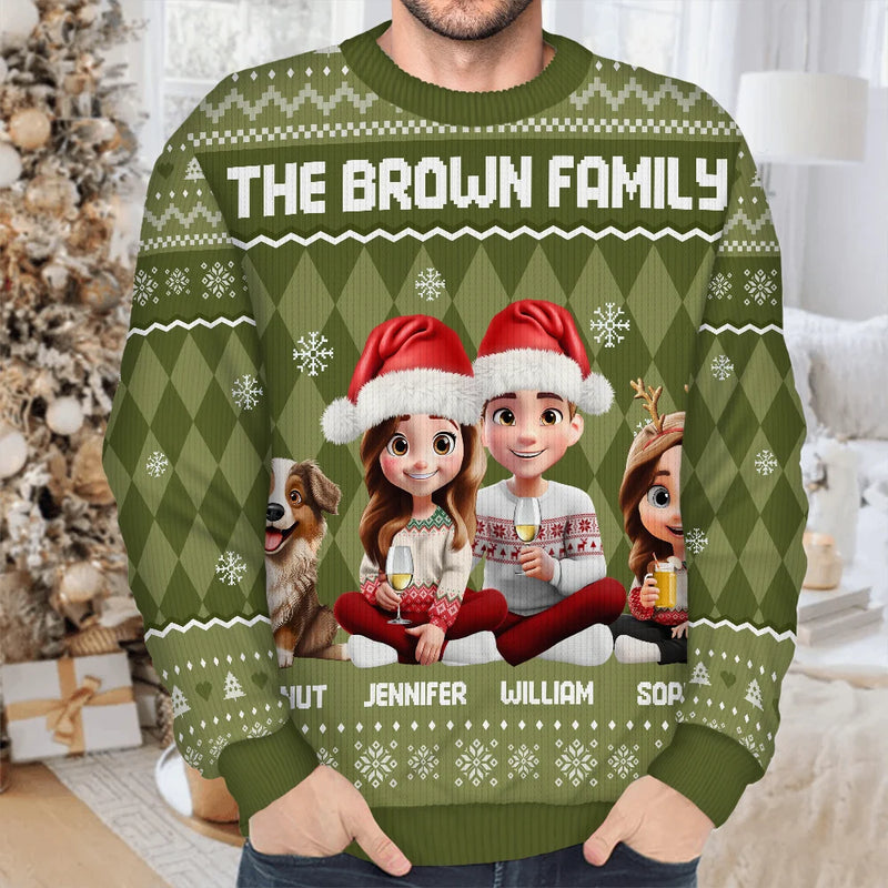 Christmas, Family, Happy - Christmas Family With Kids & Pets Argyle Pattern - Personalized Unisex Ugly Sweater