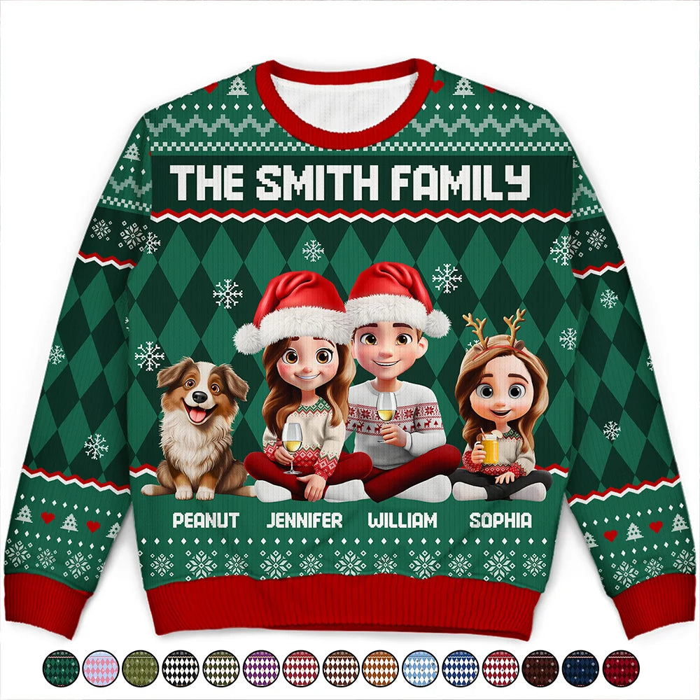 Christmas, Family, Happy - Christmas Family With Kids & Pets Argyle Pattern - Personalized Unisex Ugly Sweater
