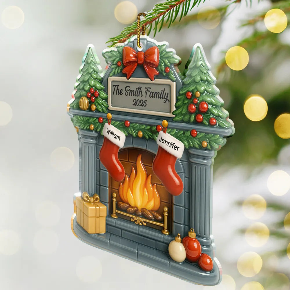 Family,Gift For Women,Gift For Men,Pet Lovers,Happy,Christmas - Christmas Fireplace Family Stockings Ceramic Effect - Personalized Custom Shaped Acrylic Ornament