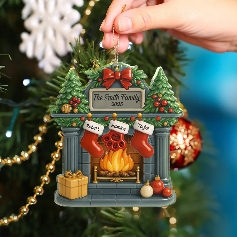 Family,Gift For Women,Gift For Men,Pet Lovers,Happy,Christmas - Christmas Fireplace Family Stockings Ceramic Effect - Personalized Custom Shaped Acrylic Ornament