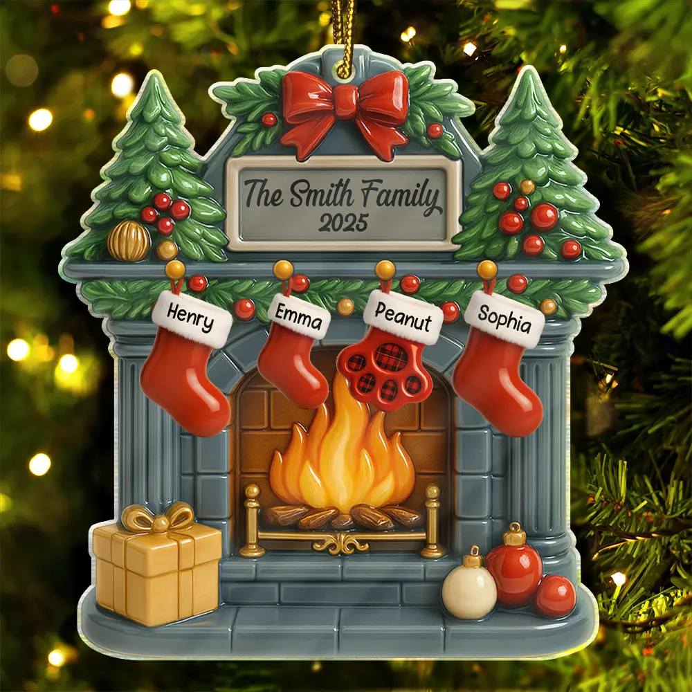Christmas Fireplace Family Stockings Ceramic Effect - Personalized Custom Shaped Acrylic Ornament