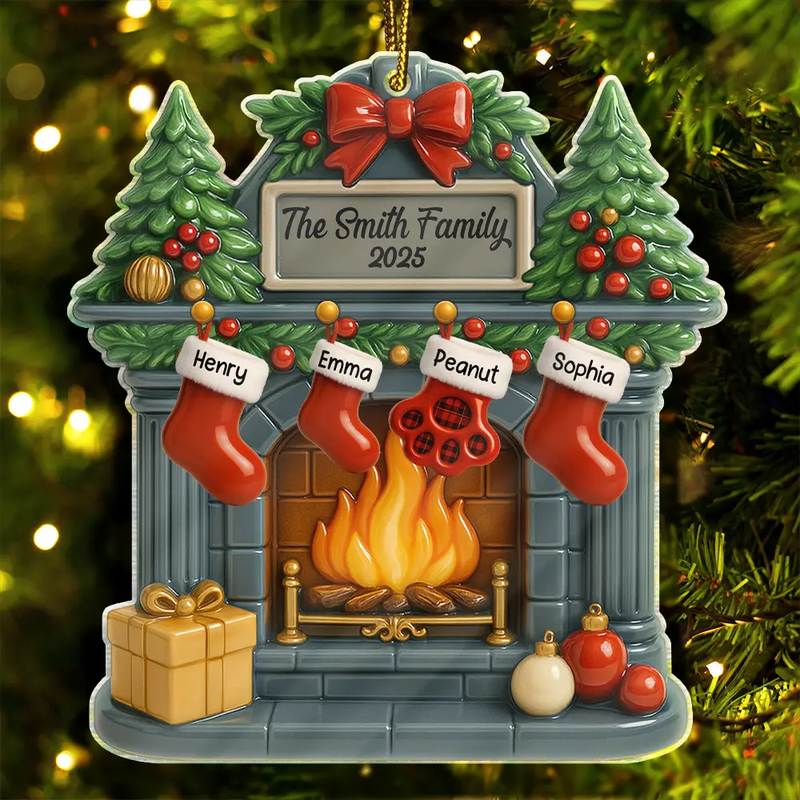 Family,Gift For Women,Gift For Men,Pet Lovers,Happy,Christmas - Christmas Fireplace Family Stockings Ceramic Effect - Personalized Custom Shaped Acrylic Ornament