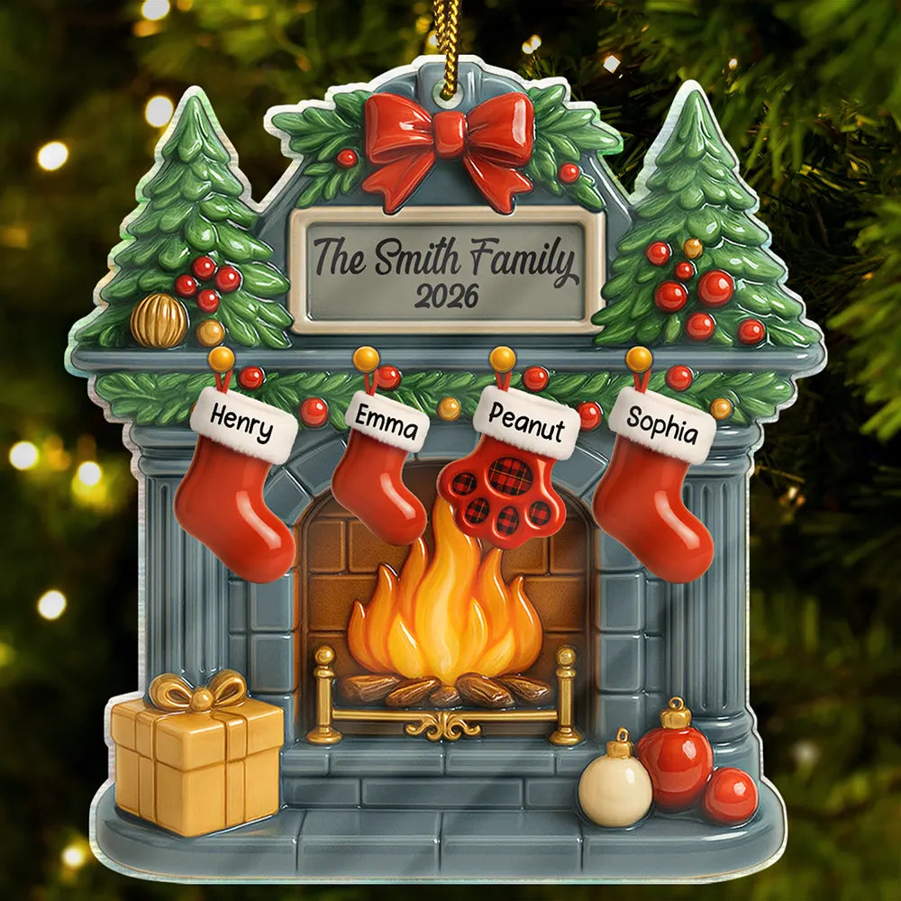 Christmas Fireplace Family Stockings Ceramic Effect - Personalized Custom Shaped Acrylic Ornament