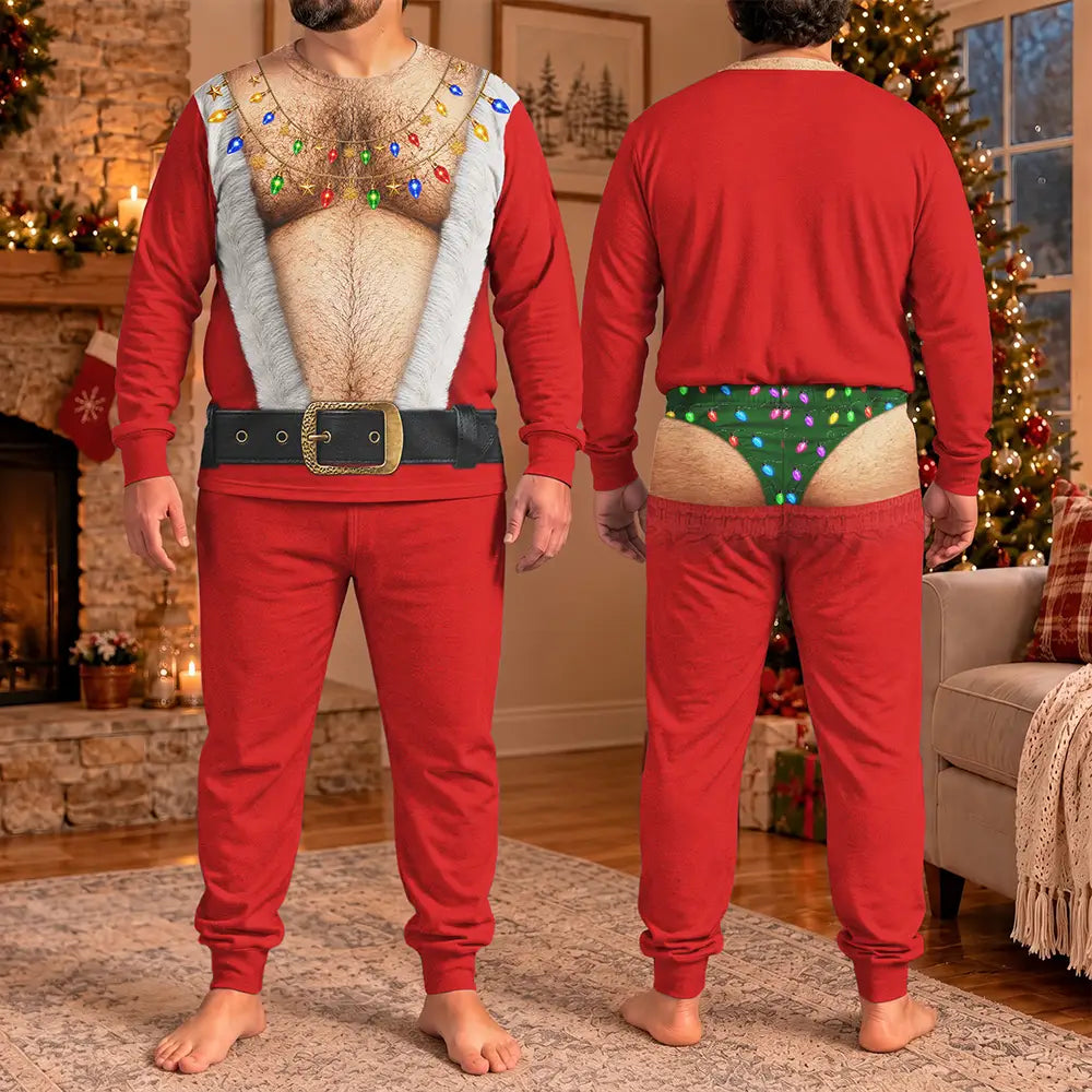 Christmas,Humorous,Gifts For Him,Gift For Men,Gift For Yourself,Icon - Christmas Funny Hairy Chest Santa Elf - Personalized Unisex Pajamas Set