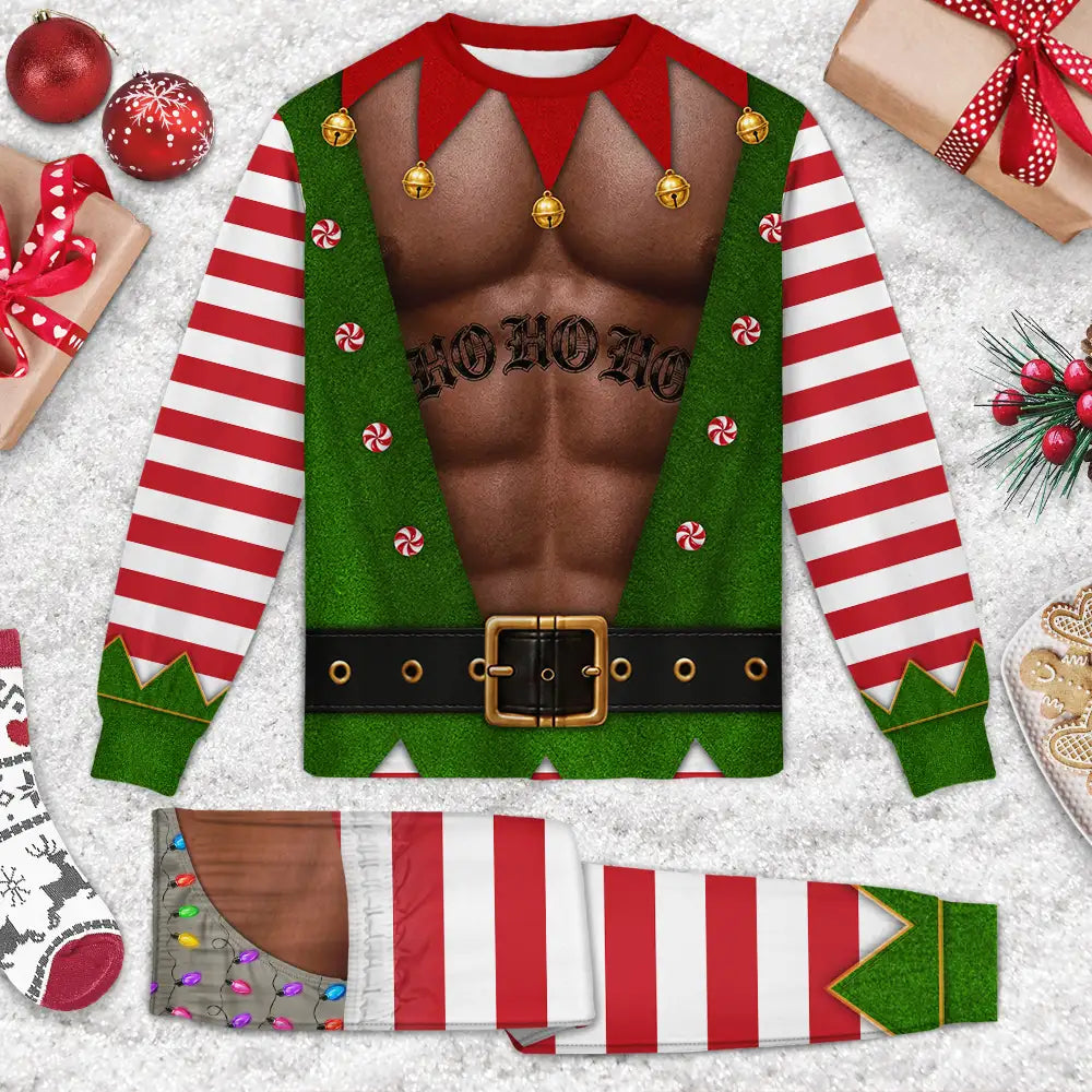 Christmas,Humorous,Gifts For Him,Gift For Men,Gift For Yourself,Icon - Christmas Funny Hairy Chest Santa Elf - Personalized Unisex Pajamas Set
