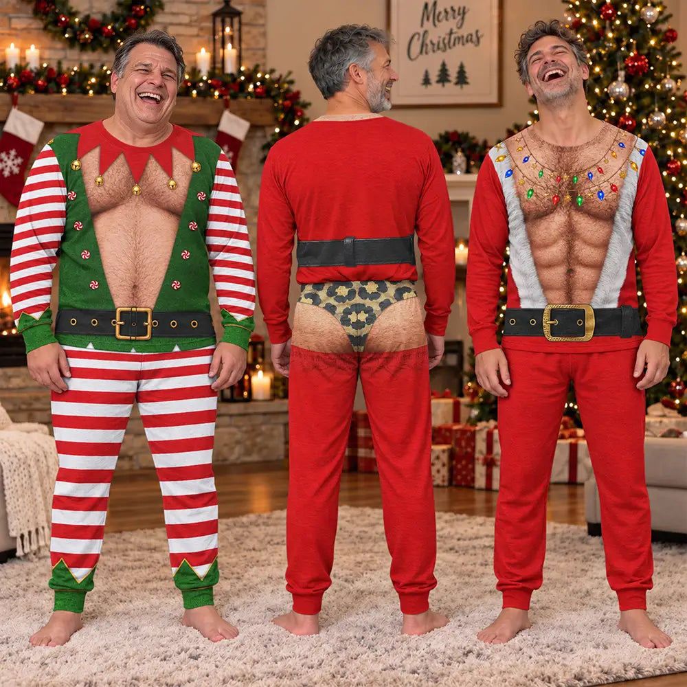 Christmas,Humorous,Gifts For Him,Gift For Men,Gift For Yourself,Icon - Christmas Funny Hairy Chest Santa Elf - Personalized Unisex Pajamas Set