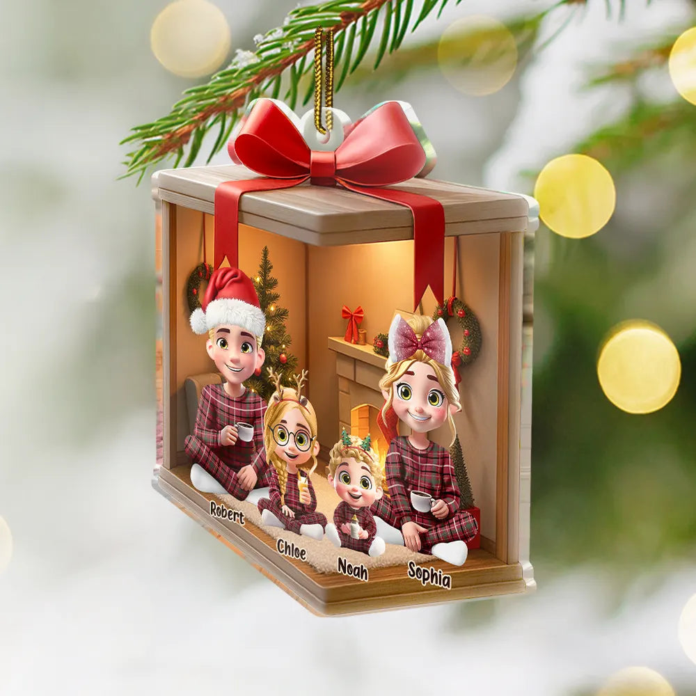Family,Gift For Women,Gift For Men,Christmas,Top Market,Happy - Christmas Gift Box 3D Effect Family - Personalized Custom Shaped Acrylic Ornament