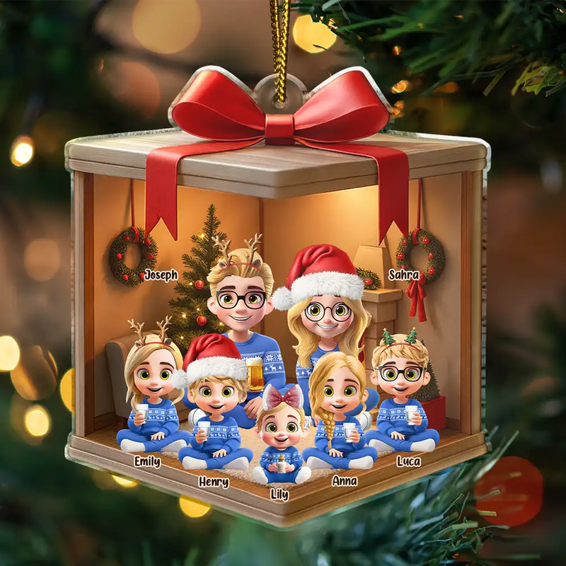 Family,Gift For Women,Gift For Men,Christmas,Top Market,Happy - Christmas Gift Box 3D Effect Family - Personalized Custom Shaped Acrylic Ornament