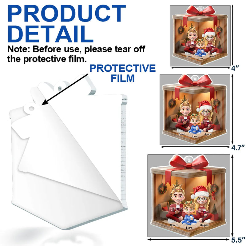 Family,Gift For Women,Gift For Men,Christmas,Top Market,Happy - Christmas Gift Box 3D Effect Family - Personalized Custom Shaped Acrylic Ornament