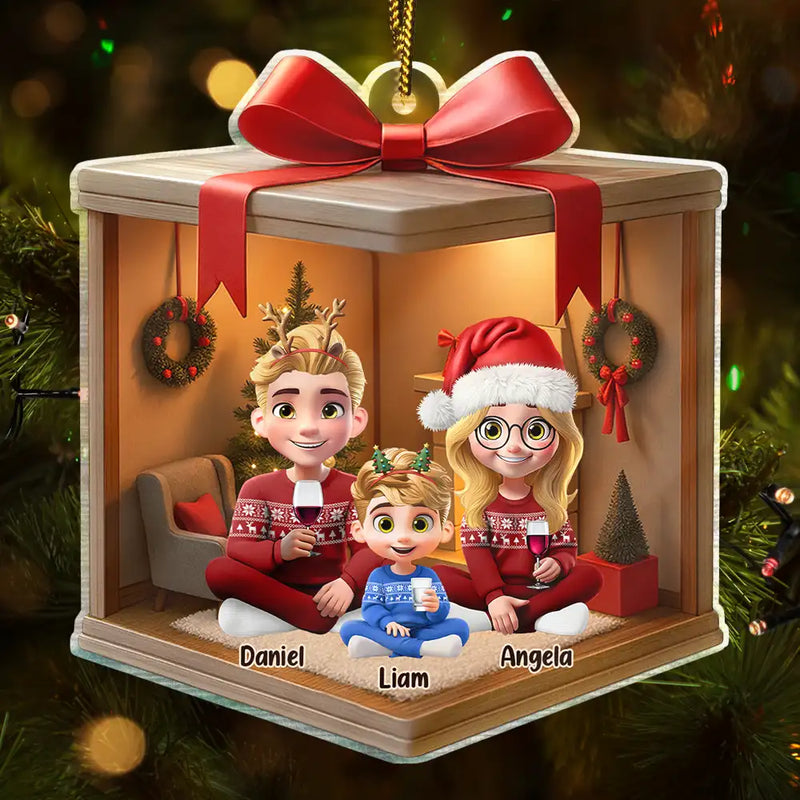 Family,Gift For Women,Gift For Men,Christmas,Top Market,Happy - Christmas Gift Box 3D Effect Family - Personalized Custom Shaped Acrylic Ornament