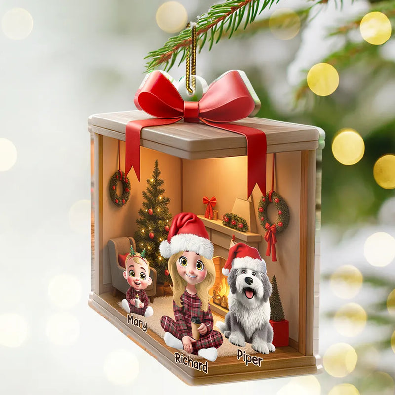 Family,Gift For Women,Gift For Men,Christmas,Happy,Dog Lovers,Dog Mom,Dog Dad,Dog Couple,Cat Lovers,Cat Mom,Cat Dad,Cat Couple,Pet Lovers,Pet Mom,Pet Dad,Pet Couple - Christmas Gift Box 3D Effect Family - Personalized Custom Shaped Acrylic Ornament