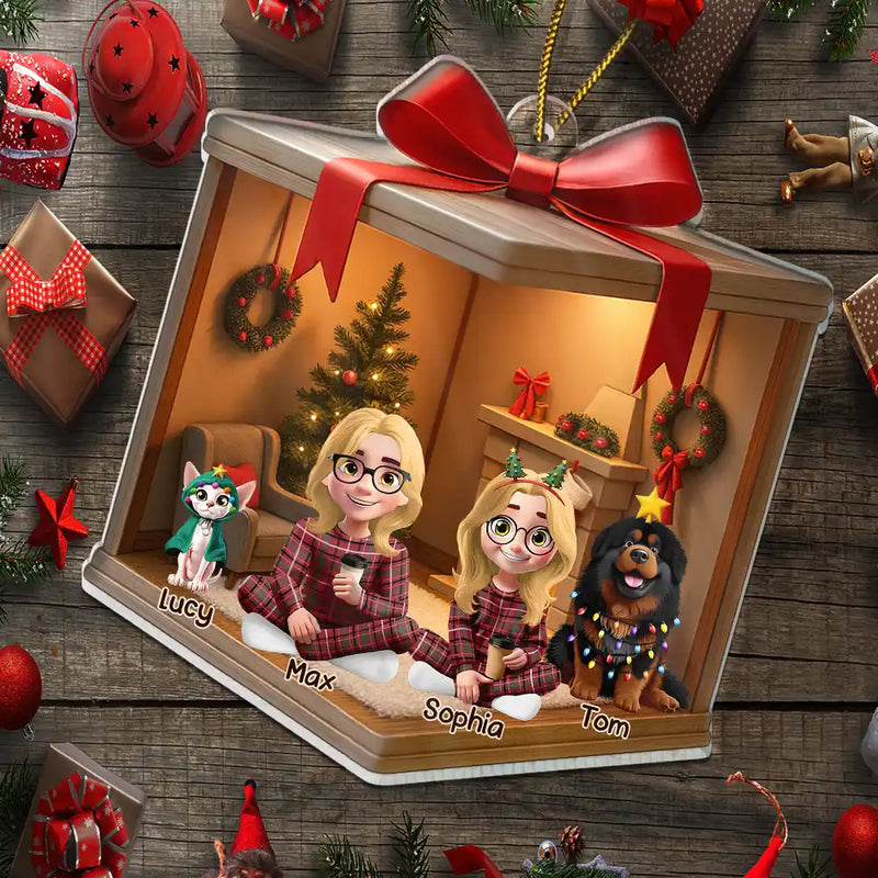 Family,Gift For Women,Gift For Men,Christmas,Happy,Dog Lovers,Dog Mom,Dog Dad,Dog Couple,Cat Lovers,Cat Mom,Cat Dad,Cat Couple,Pet Lovers,Pet Mom,Pet Dad,Pet Couple - Christmas Gift Box 3D Effect Family - Personalized Custom Shaped Acrylic Ornament