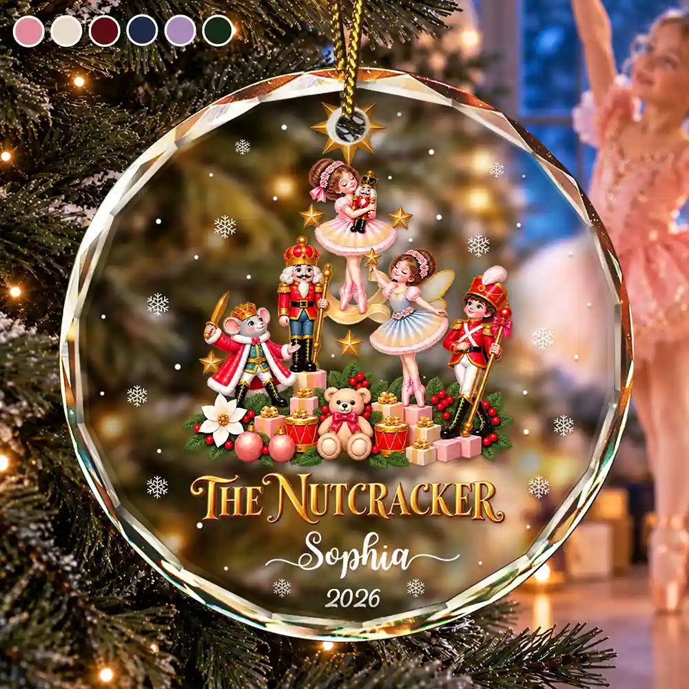 Christmas Gift For Ballerina Girls - Personalized Name & Year Nutcracker Character Christmas Tree Circle Glass Ornament