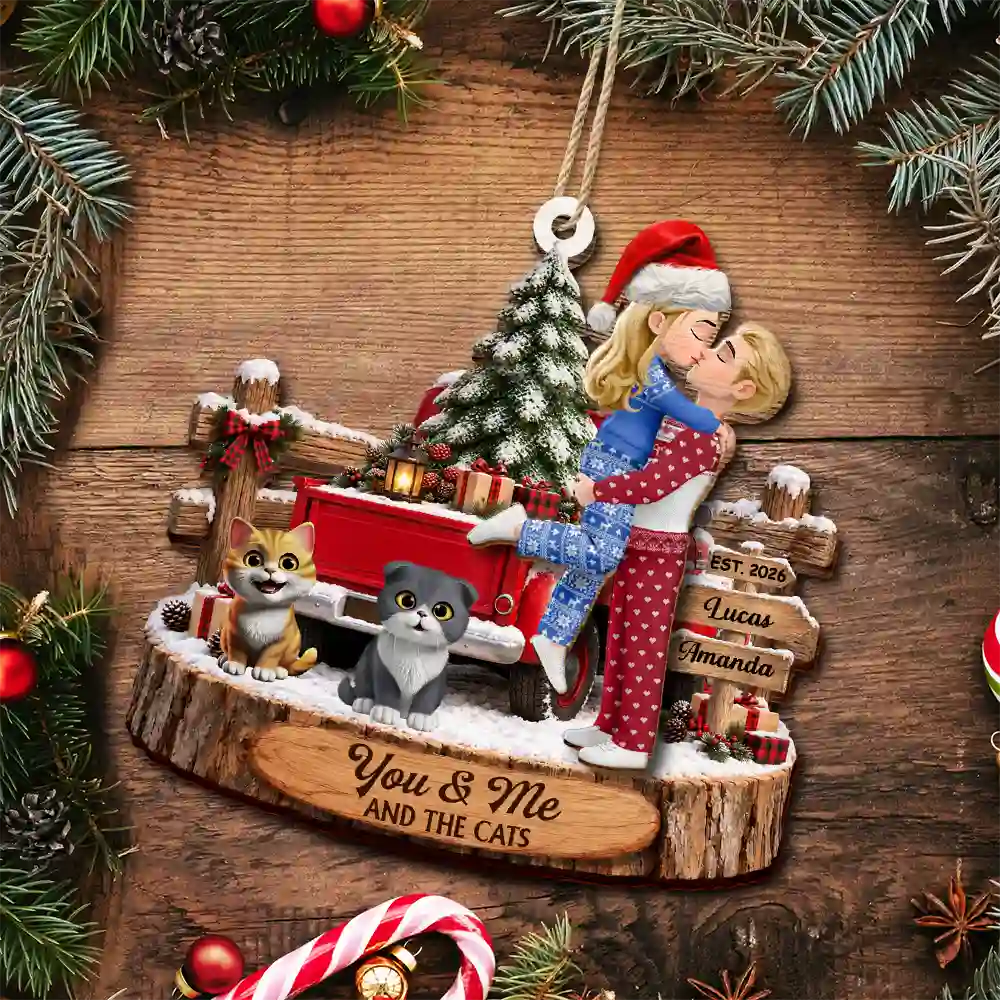 Christmas,Dog Couple,Dog Lovers,Gift For Couples,Pet Lovers,Playful,Vector - Christmas Gift For Couples With Dogs - Personalized 2-Layered Wooden Ornament