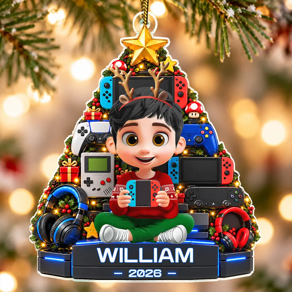 Christmas, Gaming, Gift For Kids, Happy, Vector - Christmas Gift For Kids - Personalized Gamers Christmas Tree Acrylic Ornament