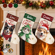 Art Design,Christmas,Custom Photo,Indoor Decor,Pet Lovers,Photo - Christmas Accessories 3D Cartoon Pet,Playful - Christmas Gift For Pet Lovers Family - Personalized Custom Photo Snowflake Dog Cat Photo Fireplace Decoration Christmas Stocking