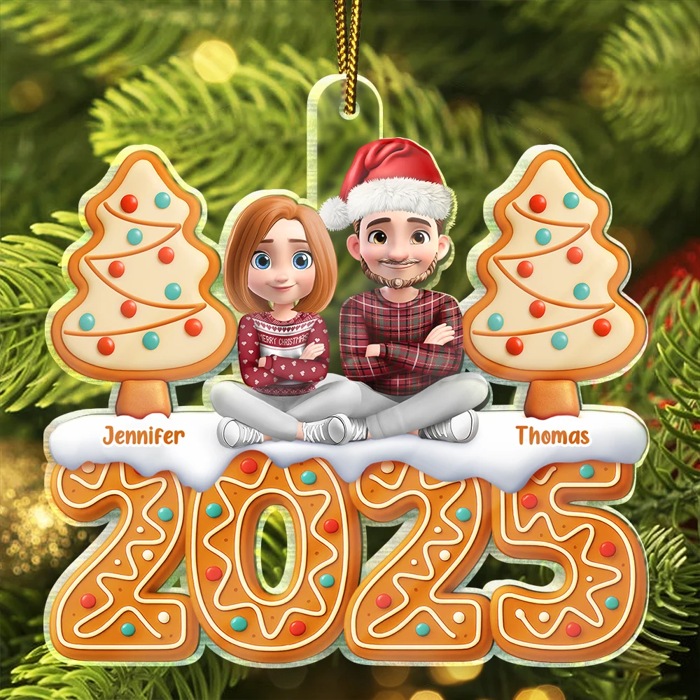 Christmas Gingerbread 3D Effect Couple Sitting - Personalized Custom Shaped Acrylic Ornament