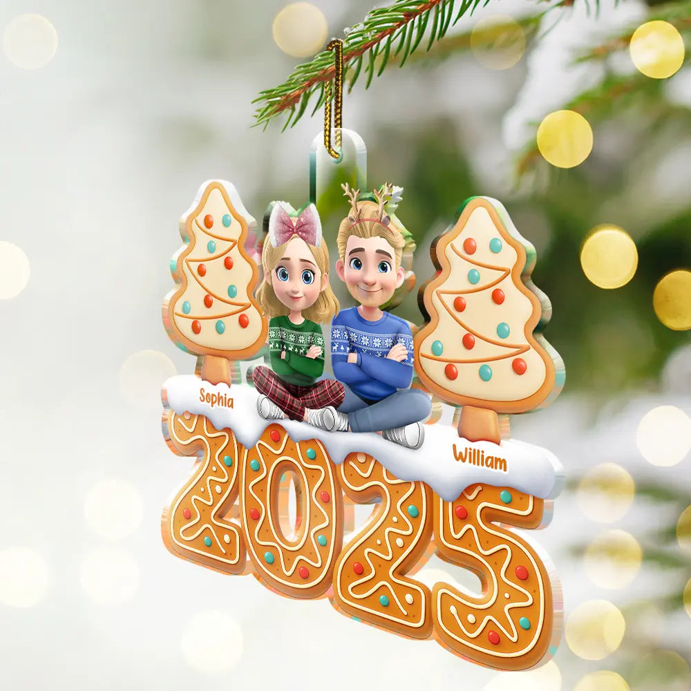 Gift For Couples, Happy, Christmas - Christmas Gingerbread 3D Effect Couple Sitting - Personalized Custom Shaped Acrylic Ornament