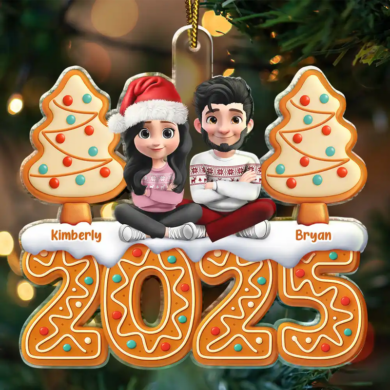 Gift For Couples, Happy, Christmas - Christmas Gingerbread 3D Effect Couple Sitting - Personalized Custom Shaped Acrylic Ornament
