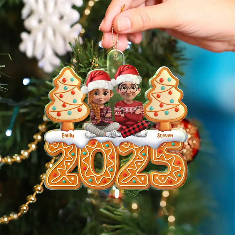 Gift For Couples, Happy, Christmas - Christmas Gingerbread 3D Effect Couple Sitting - Personalized Custom Shaped Acrylic Ornament