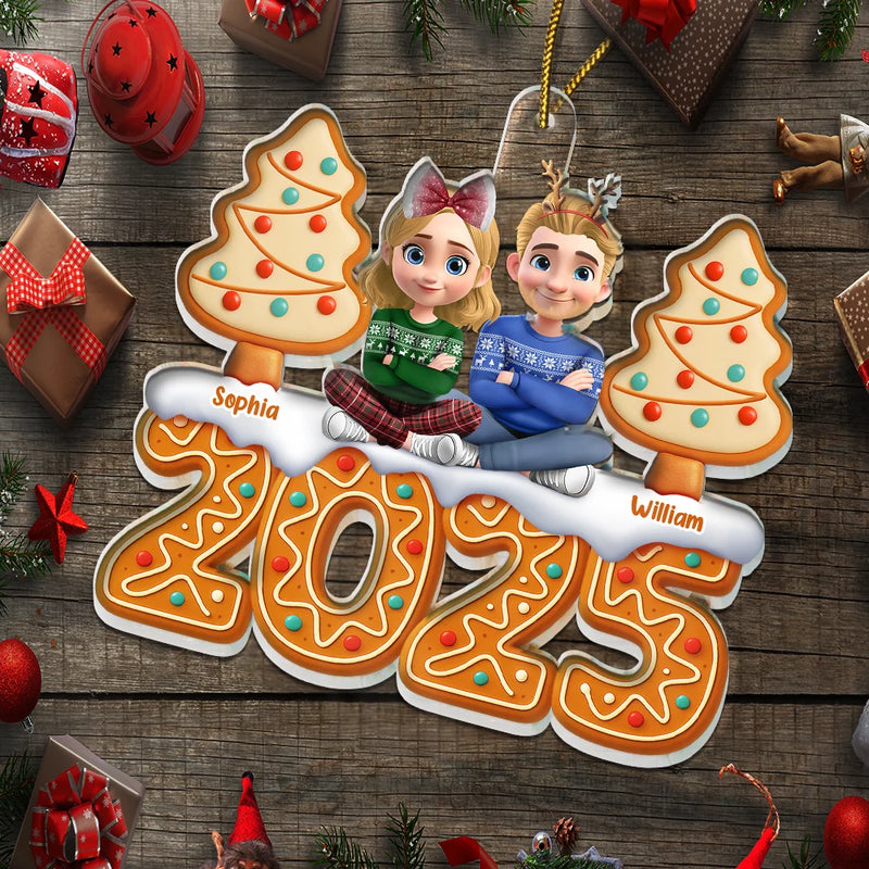 Gift For Couples, Happy, Christmas - Christmas Gingerbread 3D Effect Couple Sitting - Personalized Custom Shaped Acrylic Ornament