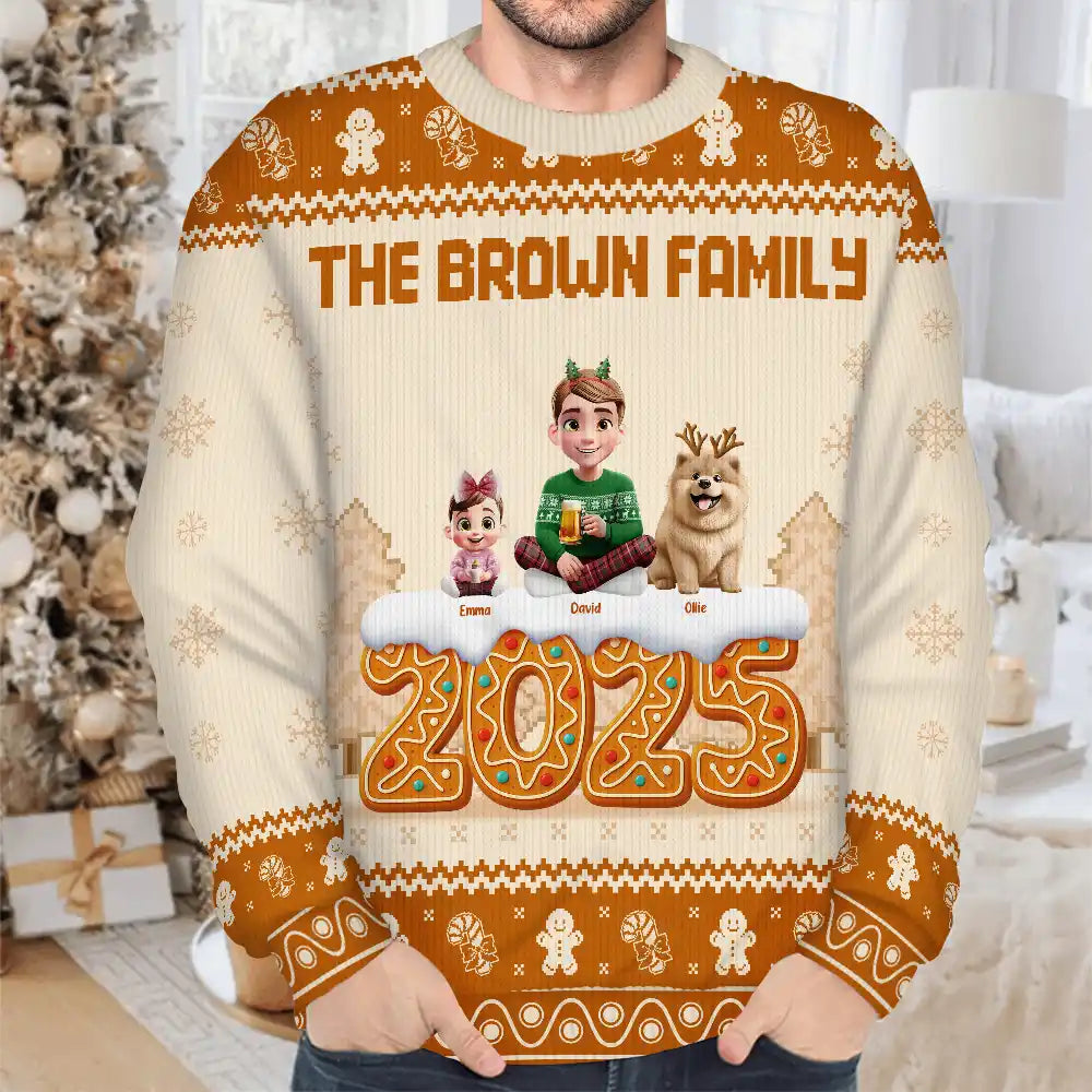 Family,Pet Lovers,Pet Mom,Pet Dad,Pet Couple,Dog Lovers,Dog Couple,Dog Mom,Dog Dad,Cat Lovers,Cat Mom,Cat Dad,Cat Couple,Happy,Christmas,Single Mom,Single Dad,LGBT,Gift For Grandpa,Gift For Grandma,Gift For Grandkids - Christmas Gingerbread Family 3D Effect - Personalized Unisex Ugly Sweater