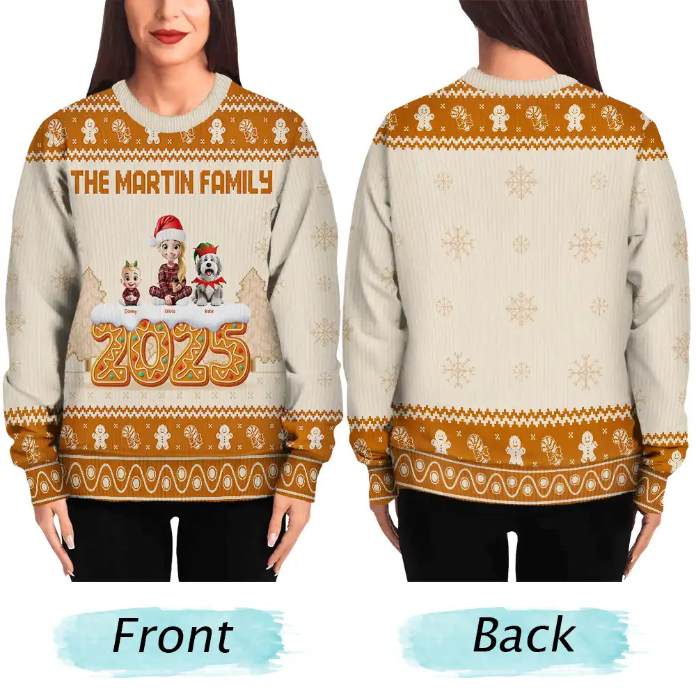 Family,Pet Lovers,Pet Mom,Pet Dad,Pet Couple,Dog Lovers,Dog Couple,Dog Mom,Dog Dad,Cat Lovers,Cat Mom,Cat Dad,Cat Couple,Happy,Christmas,Single Mom,Single Dad,LGBT,Gift For Grandpa,Gift For Grandma,Gift For Grandkids - Christmas Gingerbread Family 3D Effect - Personalized Unisex Ugly Sweater