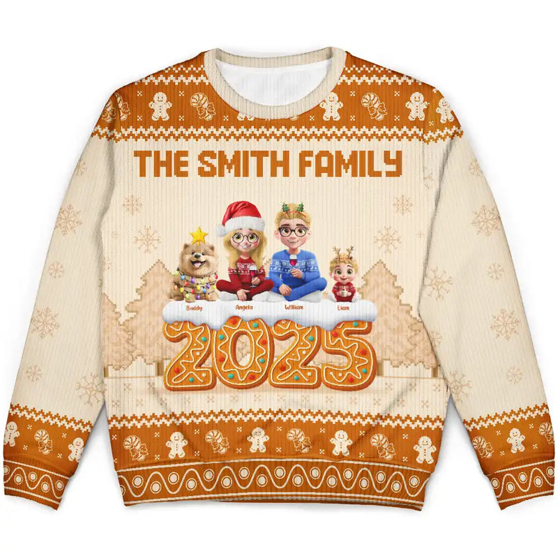 Family,Pet Lovers,Pet Mom,Pet Dad,Pet Couple,Dog Lovers,Dog Couple,Dog Mom,Dog Dad,Cat Lovers,Cat Mom,Cat Dad,Cat Couple,Happy,Christmas,Single Mom,Single Dad,LGBT,Gift For Grandpa,Gift For Grandma,Gift For Grandkids - Christmas Gingerbread Family 3D Effect - Personalized Unisex Ugly Sweater