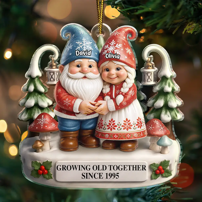 Gift For Couples, Old Couples, Gift For Women, Gift For Men, Gift For Husband, Gift For Wife, Christmas, Love - Christmas Gnome Couple Growing Old Together - Personalized Custom Shaped Acrylic Ornament