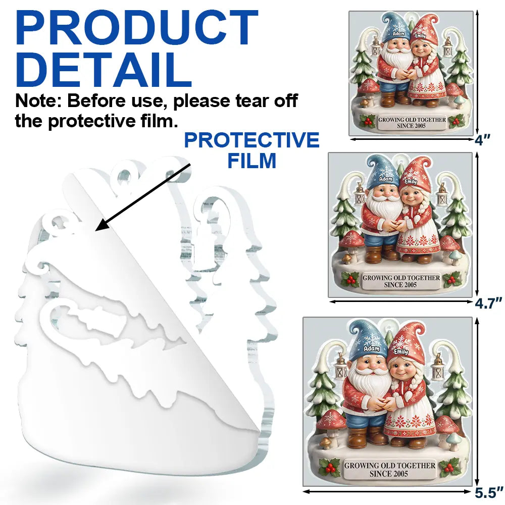 Gift For Couples, Old Couples, Gift For Women, Gift For Men, Gift For Husband, Gift For Wife, Christmas, Love - Christmas Gnome Couple Growing Old Together - Personalized Custom Shaped Acrylic Ornament