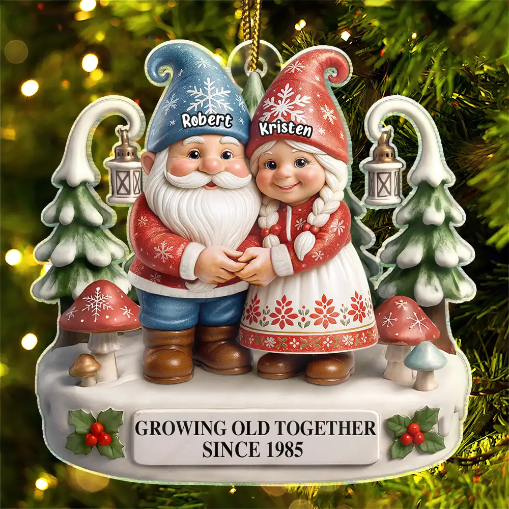 Gift For Couples, Old Couples, Gift For Women, Gift For Men, Gift For Husband, Gift For Wife, Christmas, Love - Christmas Gnome Couple Growing Old Together - Personalized Custom Shaped Acrylic Ornament