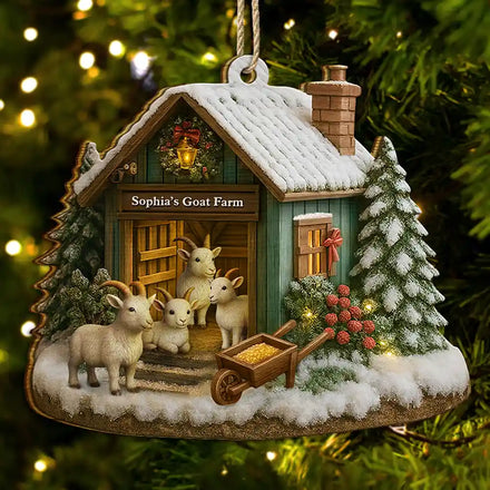 Christmas Goat Farm - Personalized Custom Shaped Wooden Ornament