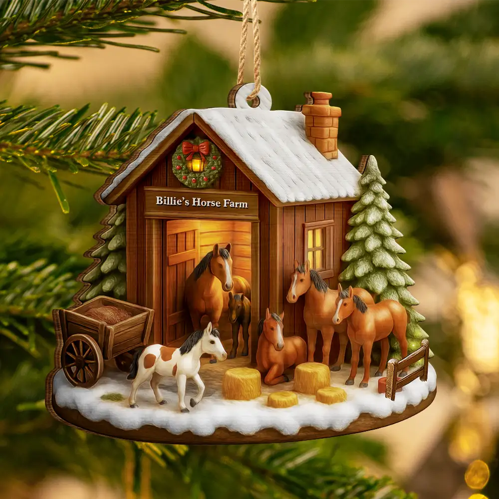 Christmas,Farm,Gift For Yourself,Happy - Christmas Horse Farm - Personalized Custom Shaped Wooden Ornament