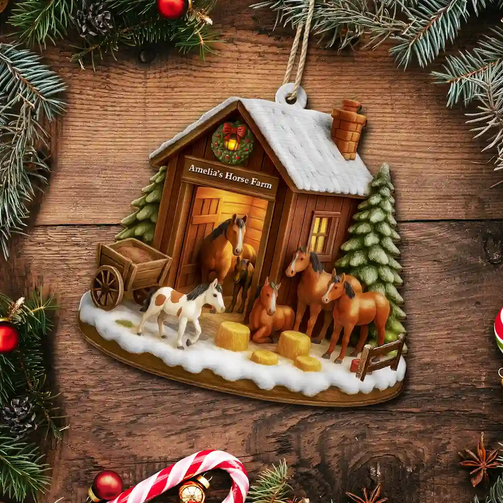 Christmas,Farm,Gift For Yourself,Happy - Christmas Horse Farm - Personalized Custom Shaped Wooden Ornament