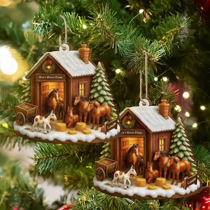 Christmas,Farm,Gift For Yourself,Happy - Christmas Horse Farm - Personalized Custom Shaped Wooden Ornament