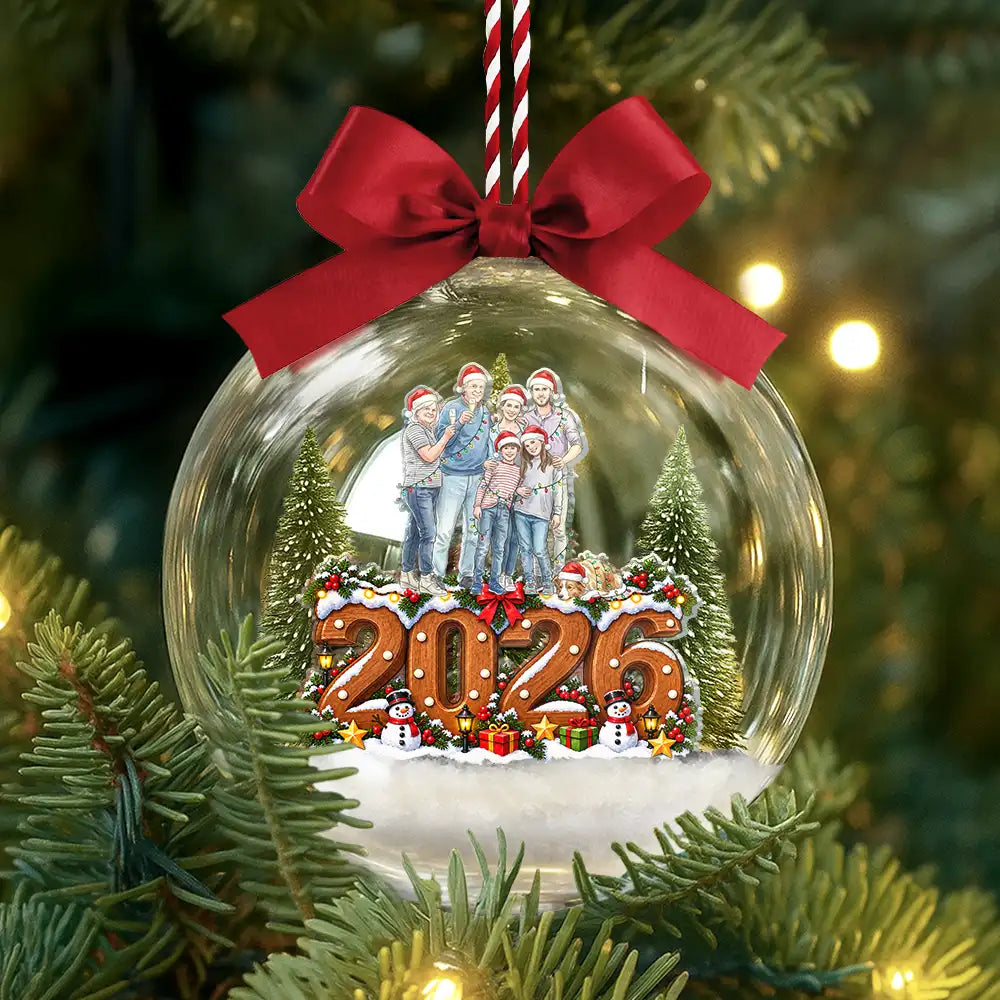 Art Design,Christmas,Custom Photo,Family,Happy,Photo - Portrait With Santa Hat & Christmas Lights - Christmas Keepsake Gift For Family - Personalized Custom Photo Watercolor Portrait 3D Acrylic Ball Ornament