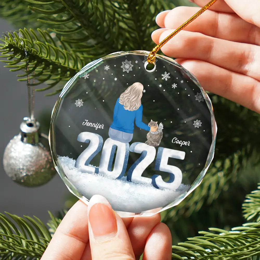 Gift For Couples, Dog Lovers, Cat Lovers, Pet Lovers, Pet Couple - Christmas Loving Couple Dog Cat - Personalized Circle Glass Ornament