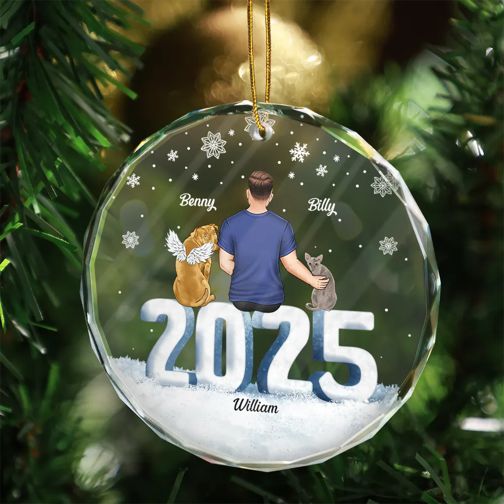 Gift For Couples, Dog Lovers, Cat Lovers, Pet Lovers, Pet Couple - Christmas Loving Couple Dog Cat - Personalized Circle Glass Ornament