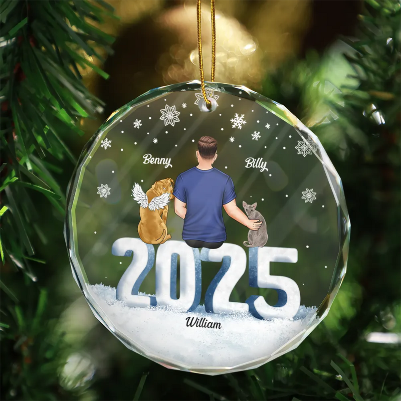 Gift For Couples, Dog Lovers, Cat Lovers, Pet Lovers, Pet Couple - Christmas Loving Couple Dog Cat - Personalized Circle Glass Ornament