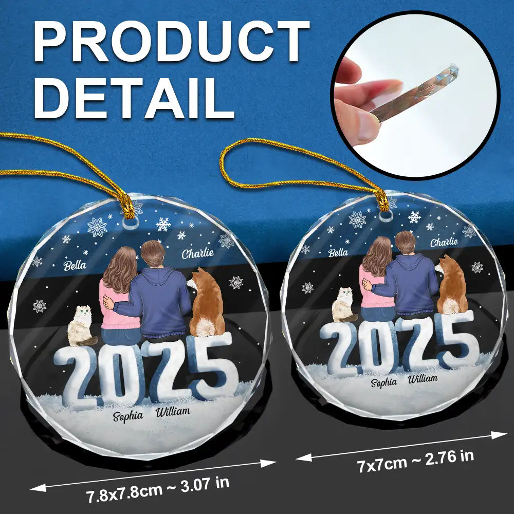 Gift For Couples, Dog Lovers, Cat Lovers, Pet Lovers, Pet Couple - Christmas Loving Couple Dog Cat - Personalized Circle Glass Ornament