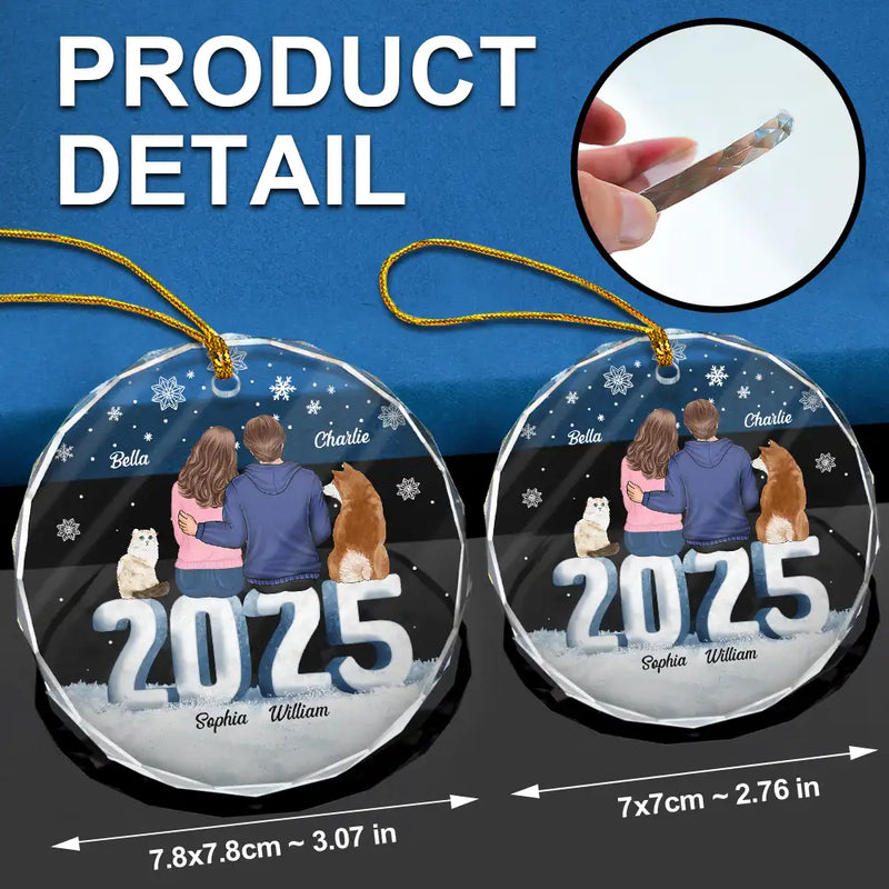 Gift For Couples, Dog Lovers, Cat Lovers, Pet Lovers, Pet Couple - Christmas Loving Couple Dog Cat - Personalized Circle Glass Ornament