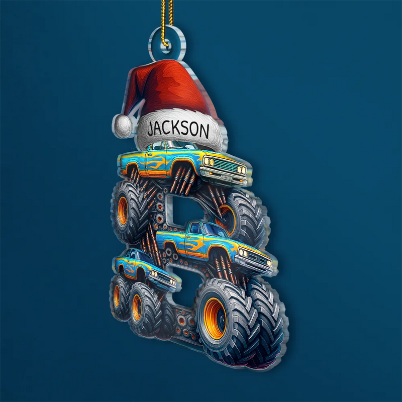 Gift For Kids, Gift For Grandkids, Photo Hobby Ornament, Custom Photo, Funny, Christmas - Christmas Monster Truck Monogram For Kid - Personalized Custom Shaped Acrylic Ornament