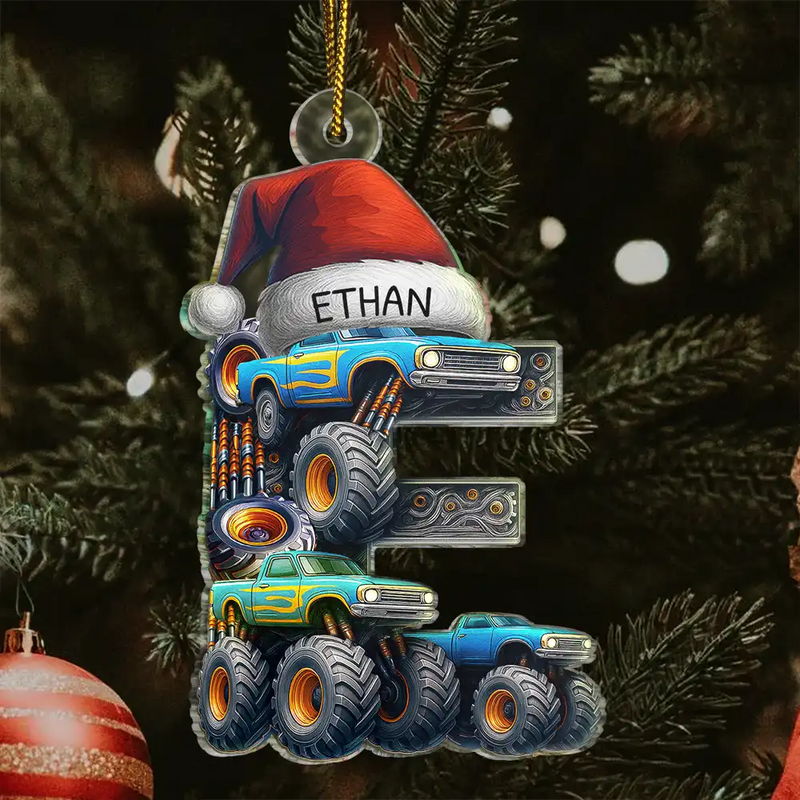 Gift For Kids, Gift For Grandkids, Photo Hobby Ornament, Custom Photo, Funny, Christmas - Christmas Monster Truck Monogram For Kid - Personalized Custom Shaped Acrylic Ornament