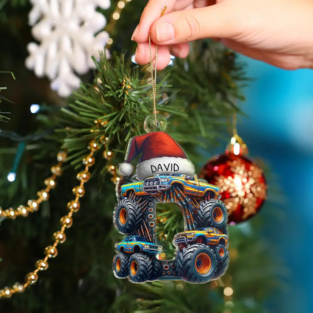 Gift For Kids, Gift For Grandkids, Photo Hobby Ornament, Custom Photo, Funny, Christmas - Christmas Monster Truck Monogram For Kid - Personalized Custom Shaped Acrylic Ornament