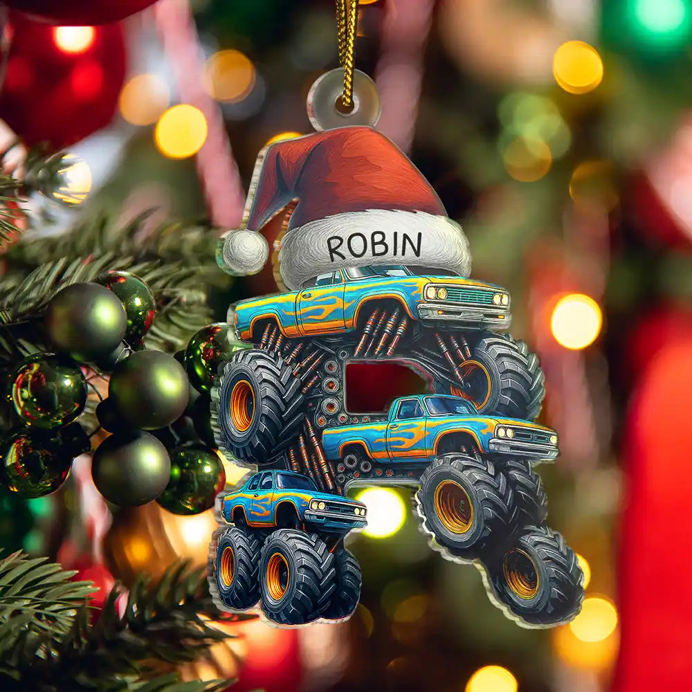 Gift For Kids, Gift For Grandkids, Photo Hobby Ornament, Custom Photo, Funny, Christmas - Christmas Monster Truck Monogram For Kid - Personalized Custom Shaped Acrylic Ornament