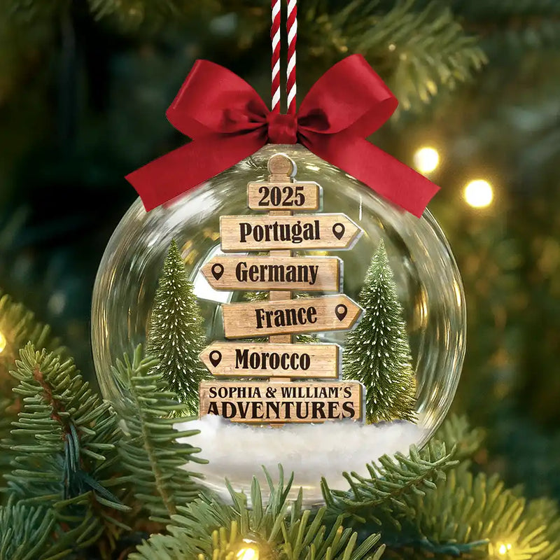 Christmas,Travel,Gift For Yourself,Gift For Couples,Happy - Christmas Ornament Travel Sign Post - Personalized 3D Acrylic Ball Ornament