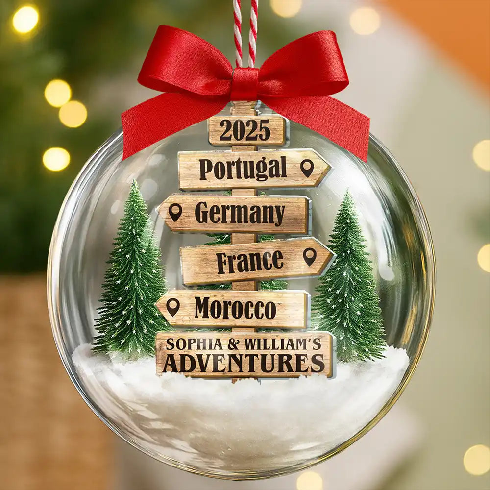 Christmas,Travel,Gift For Yourself,Gift For Couples,Happy - Christmas Ornament Travel Sign Post - Personalized 3D Acrylic Ball Ornament